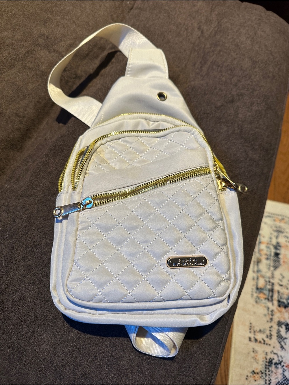 White Quilted Crossbody Sling Bag with Gold Hardware